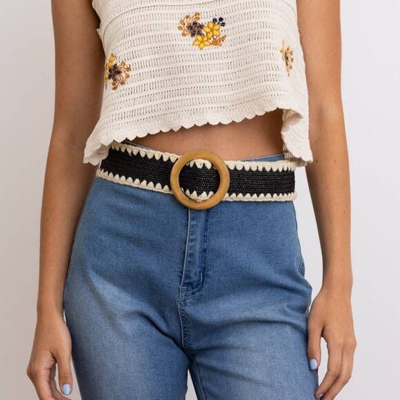 Boho Whipstitch Raffia Belt with Wooden Round Buckle Black - Picture 1 of 3